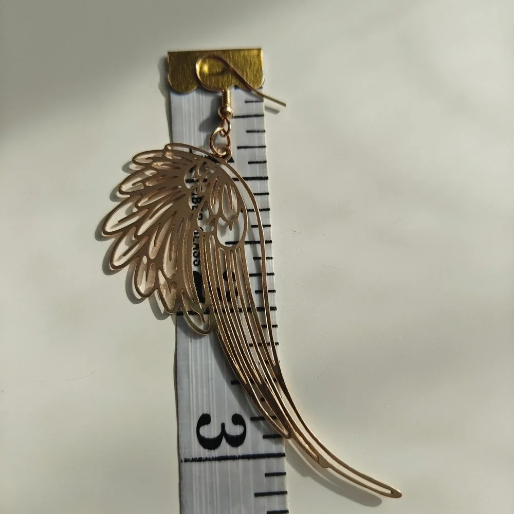 Gold Tone Angel Wing Earrings Large Long Filigree Cutout Dangle Drop Statement